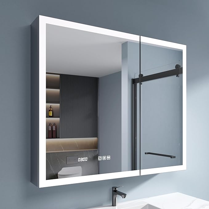 LED Medicine Cabinet Mirror, 36 x 30 Inch Inch Bathroom Storage, Recessed/Wall Mount, Plug-in/Hardwired, 3 Color Dimmable Light, Anti-Fog, Time Temp Display