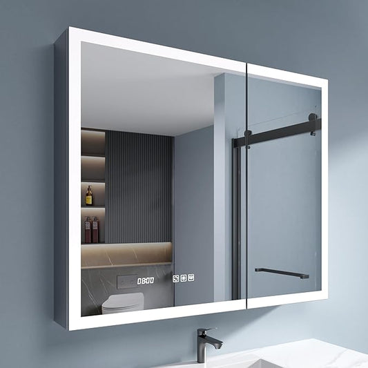 LED Medicine Cabinet Mirror, 36 x 30 Inch Inch Bathroom Storage, Recessed/Wall Mount, Plug-in/Hardwired, 3 Color Dimmable Light, Anti-Fog, Time Temp Display