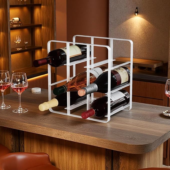 Buruis 9-Bottle Wine Rack, Modern Metal Countertop Wine Holder Stand for Kitchen, Pantry & Cabinet Storage, No Assembly Required, White