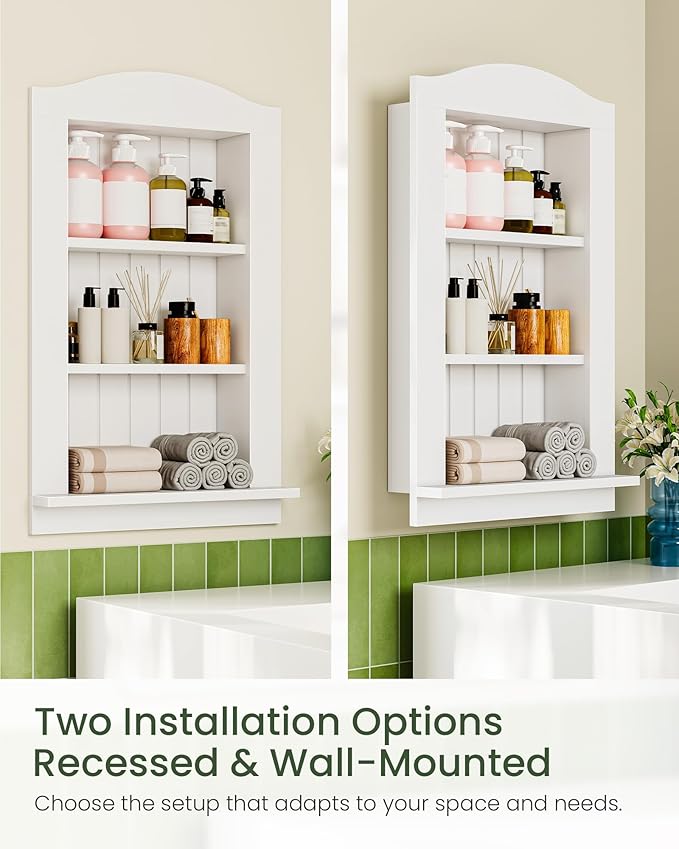 CHOEZON Recessed Wall Niche, 3-Tier Recessed Medicine Cabinet, Bathroom Cabinet Wall Mount, Bamboo Medicine Organizer, Wall Storage Cabinet, for Bathroom, Living Room, Kitchen, White