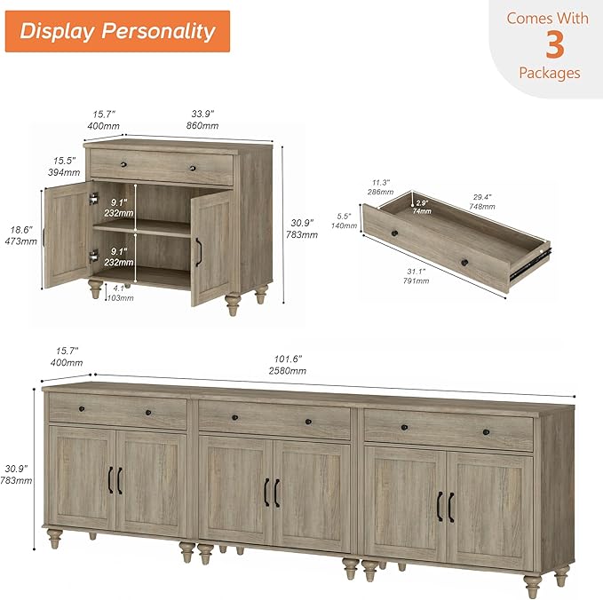 WAMAPT Buffet Cabinet with 6 Doors and 3 Drawers, Large Coffee Bar Table Wood Kitchen Storage Cabinets with Storage Cabinets, Modern Farmhouse Sideboard Credenza for Dining Room, Wash Grey, 101 inch