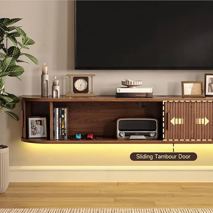 63" Floating TV Stand with Power Outlet for TVs up to 75", Fluted Entertainment Center with Remote Control for LED Lights, Mid-Century Modern TV Console w/Sliding Door for Living Room, Bedroom Walnut