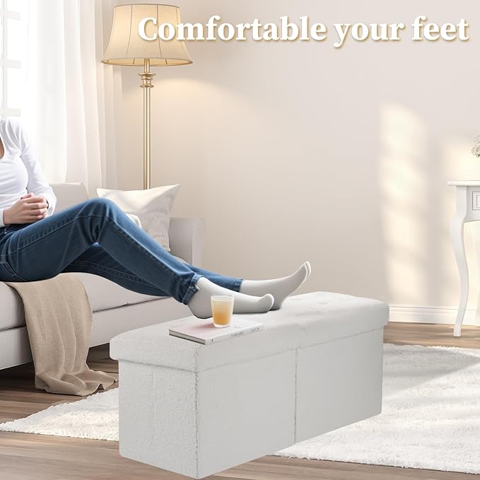 Bsketa Storage Ottoman Bench with Folding Lid Ⅲ, Foot Stools Opens on Both Ends, Footrest Foldable Teddy Velvet Chest for Living Room, Bedroom, Entryway, End of Bed Storage Blanket Ottomans White