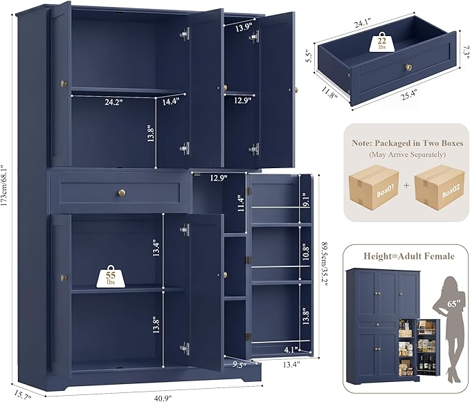 HOSTACK 68" Tall Kitchen Pantry Storage Cabinet, Modern Kitchen Hutch Cabinet with Doors and Shelves, Freestanding Food Pantry with Large Storage Drawer for Dining Room, Living Room, Navy Blue