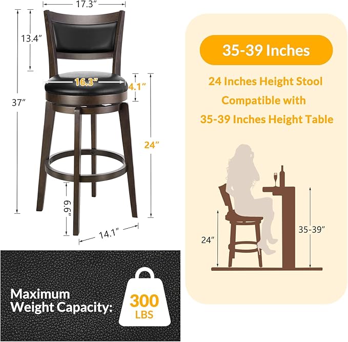 PrimeZone Swivel Bar Stools Set of 6, 24 Inch Counter Height Barstools, Black Faux Leather Bar Stool with High Backrest & Solid Wood Legs & Wrap-around Footrest, Counter Stools for Kitchen Island, Pub