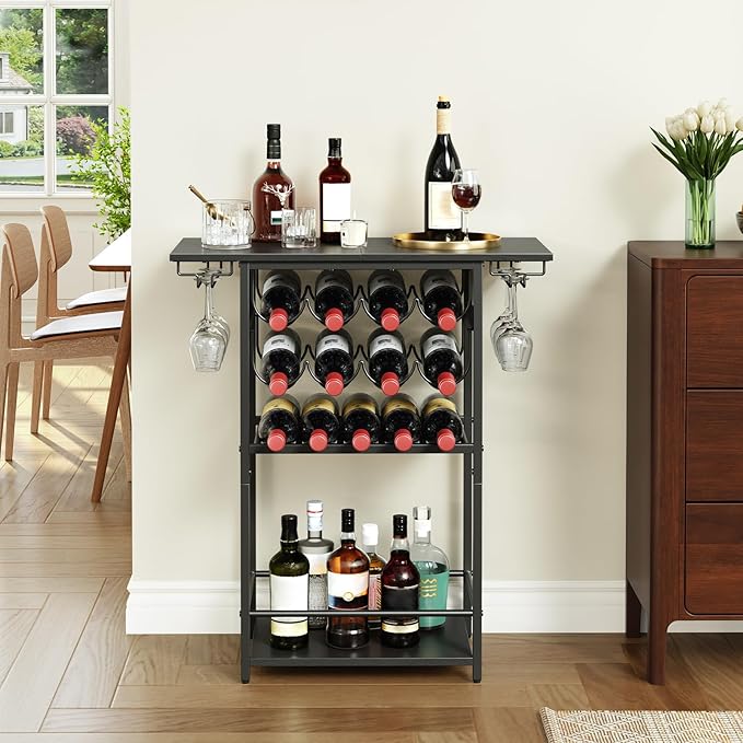 HOOBRO 5-Tier Wine Rack with Glass Holder, Wine Storage Freestanding Floor, Versatile Corner Liquor Cabinet, Alcohol Bottle Display Shelf for Home Bar, Kitchen, Living Room, Black BB68JJ01