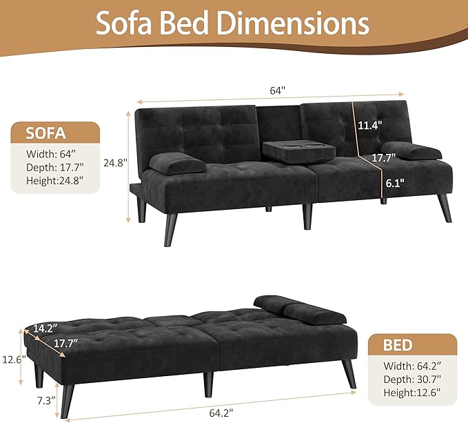 JAMFLY Futon Sofa Bed (Black Velvet)