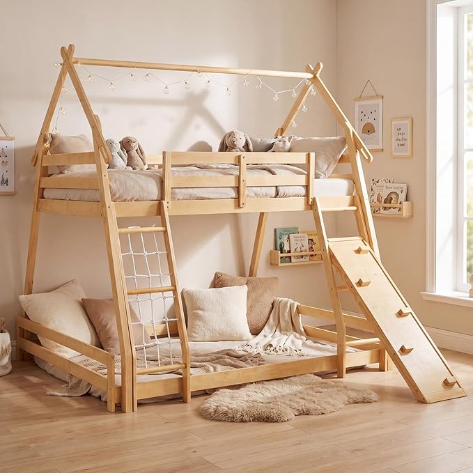 DUMOS Bunk Bed Twin Over Full Size, Wooden House Bunk Bed with Climbing Nets & Ramp, 82'' High Kids Bed Frame for Boys Girls Bedroom, Dorm, No Box Spring Needed