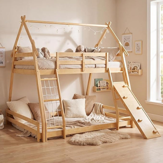DUMOS Bunk Bed Twin Over Full Size, Wooden House Bunk Bed with Climbing Nets & Ramp, 82'' High Kids Bed Frame for Boys Girls Bedroom, Dorm, No Box Spring Needed