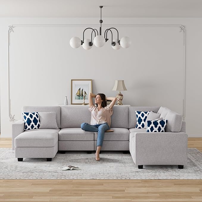Legend Vansen Oversized Modular Sectional Sofa,U/L‑Shaped Reversible Couch with Ottoman,Deep Seat Plush Polyester Sofa for Living Room,7‑Seater,Light Grey
