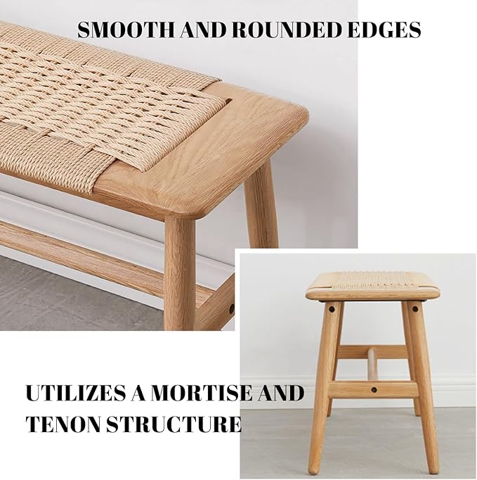 100% Solid Oak Wood Bench,Hand Woven Design,Solid Mortise and Tenon Construction-Solid Structure of Chair Legs,Woven Rattan Entryway Benchs/Dining Bench (Natural Oak,31.49”*11.81”*15.98”)