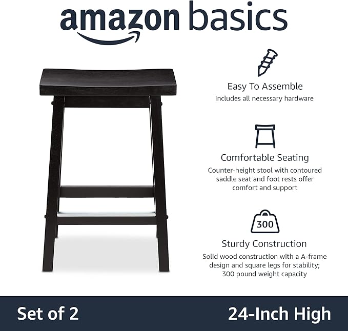 Amazon Basics Solid Wood Saddle-Seat Counter Height Bar Stools for Kitchen Island with Footrest, 24-Inch Height, Black, Set of 2