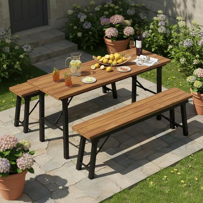 Tangkula Outdoor Folding Bench Set of 2, 55” 2-3 Person Acacia Wood Backless Patio Dining Bench, No Assembly Weatherproof Picnic Bench, Collapsible Benches for Porch, Yard, Poolside, Balcony