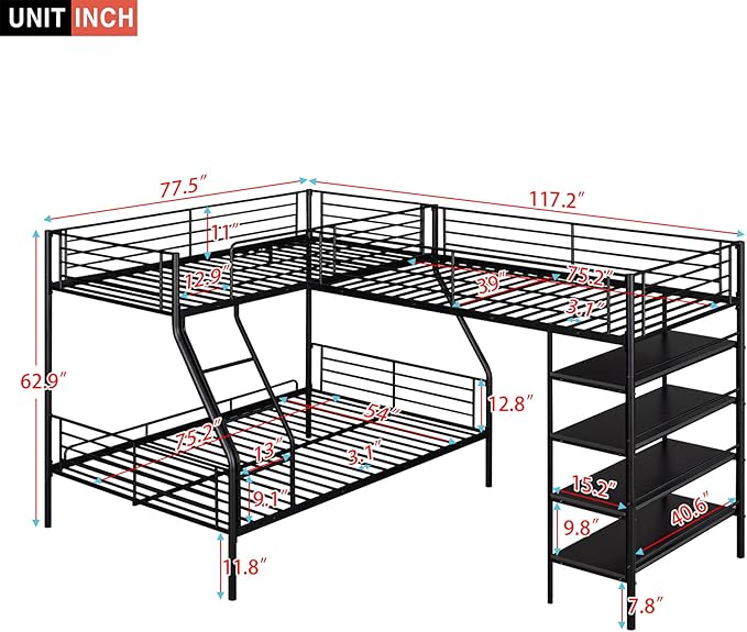 Bellemave Triple Bunk Beds, L-Shape Twin Over Full Bunk Bed Attached a Loft Bed with Desk, Triple Bunk Beds with Slide, Metal Corner Bunk Bed Frame for Three Kids Boys Girls Teens, Antique Black