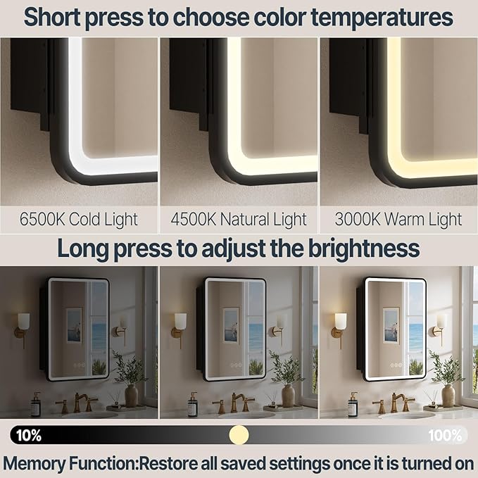 20x28 Medicine Cabinet with Lights,Wall or Recessed Mounted LED Bathroom Mirror Cabinet, Defogger, Storage Shelf, 3 Color Dimmable Light with Memory Function, Black, Right Hinge
