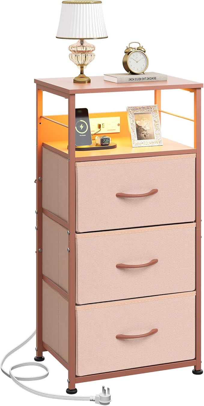 WLIVE Nightstand with Charging Station, 31.9" H Nightstand with 3 Fabric Drawers, LED Bedside Table with USB Ports and Outlets, End Table for Dorm, Bedroom, Entryway, Pink