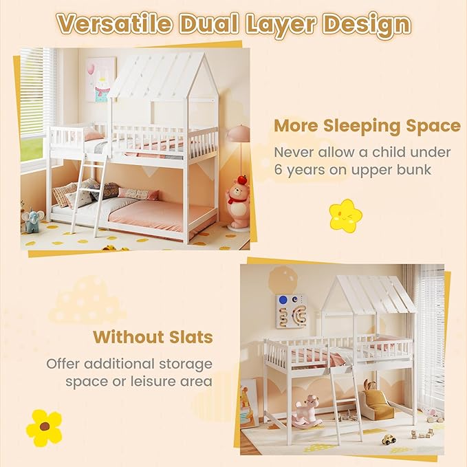 Giantex Twin Over Twin House Bunk Bed, Low Loft Bed Frame with Roof, Wood Bunk Bed with Ladder & Full-Length Guardrails, Twin Floor Bed for Kids Teens Boys Girls, No Box Spring Needed (White)