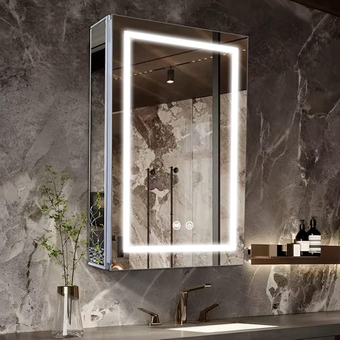 LED Medicine Cabinet,Bathroom Mirror Cabinet with Lights,20×28inch,Equip with Internal Light,Aluminum Construction,USB Shaver Socket,3 Color,Dimmer,Demister,Surface Mounted and Recess Mounted