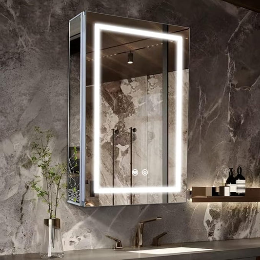 LED Medicine Cabinet,Bathroom Mirror Cabinet with Lights,20×28inch,Equip with Internal Light,Aluminum Construction,USB Shaver Socket,3 Color,Dimmer,Demister,Surface Mounted and Recess Mounted