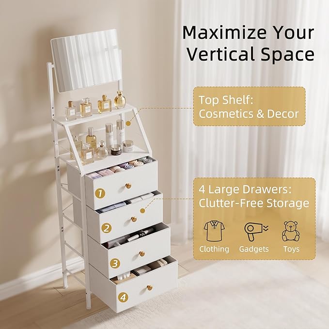 HIGDBFE 4-Drawer Dresser with Mirror, Vanity with 2-Tier Shelves, Fabric Chest of Drawers for Small Space, Vertical Storage Cabinet for Bedroom, Nightstand Bedside Table Furniture, White, 15.3" W