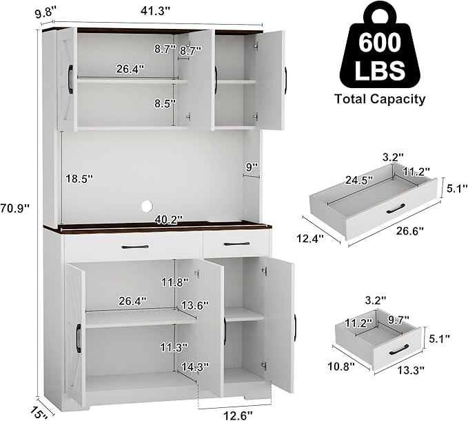 71" Kitchen Pantry Cabinet with Charging Station, Pantry Storage Cabinet Large Kitchen Hutch with Microwave Stand, Coffee Bar Station with Doors and Adjustable Shelves for Kitchen, White