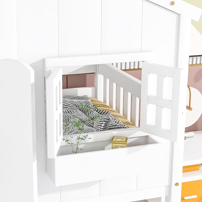 Wooden Twin Over Twin Floor Bunk House Bed with Door and Window Built-in Storage Box, Low Loft Bunk Bed for Kids Girls Boys Adults, No Box Spring Needed, White