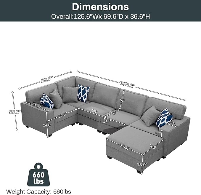 Legend Vansen Oversized Modular Sectional Sofa,U/L‑Shaped Reversible Couch with Ottoman,Deep Seat Plush Polyester Sofa for Living Room,6‑Seater,Dark Grey