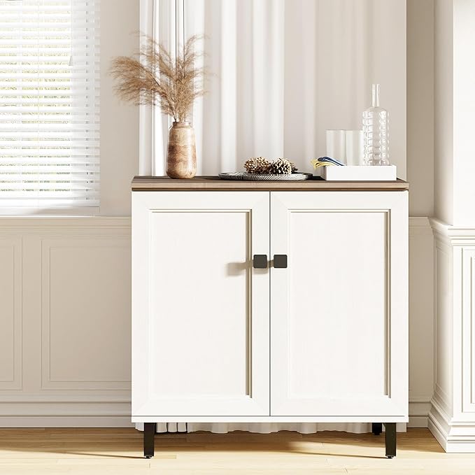 FENSULN Multifunctional Buffet Sideboard Cabinet Farmhouse Modern Storage Cabinet with Adjustable Shelves for Kitchen, Coffee Bar, Living Room, White