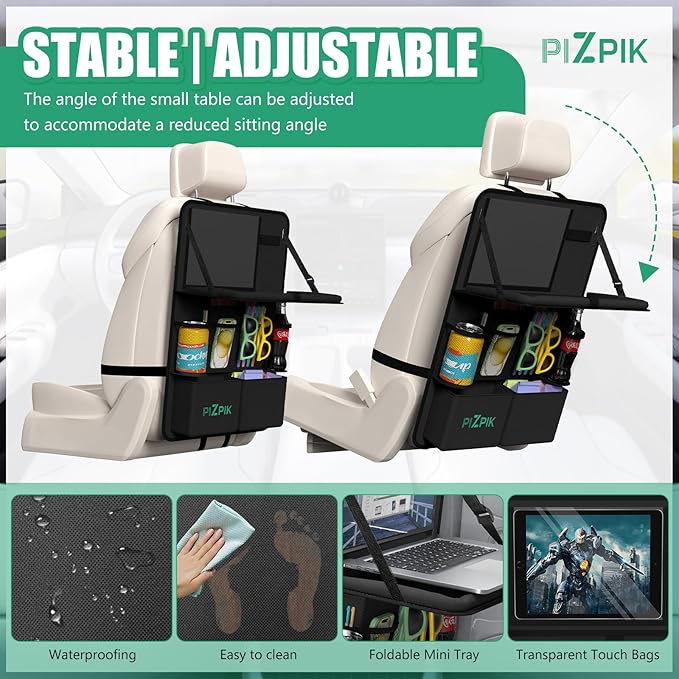 Plzpik Car Backseat Organizer with Tablet Holder,11 Storage Pockets with Foldable Food Tray, Protector Kick Mats for Kids, Travel Accessories Organizer (Black, 2Pack)