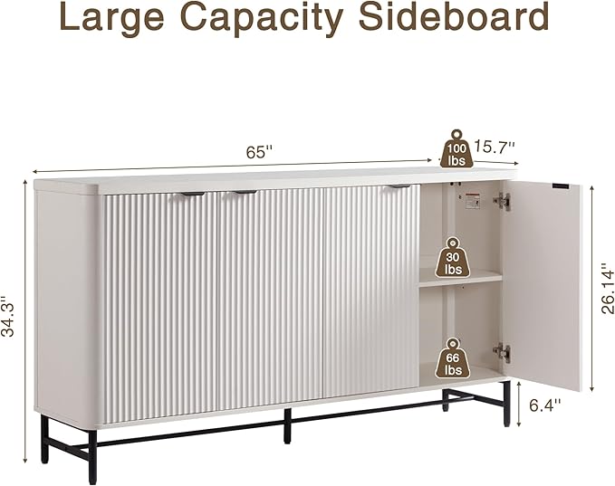Fatmok 65" Large Sideboard Buffet Cabinet with Storage, Set of 2 Modern Fluted Credenza Accent Coffee Bar Console Tables with Doors & Adjustable Shelves for Living Room or Hallway, White