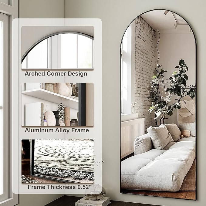 HARRITPURE 64"x21" Full Length Mirror, Arched Full Mirror, Free Standing Leaning Wall-Mounted Mirror Aluminum Frame Modern Mirrors for Living Room Bedroom Cloakroom, Black
