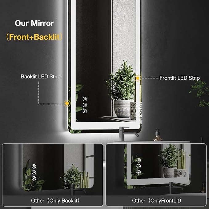 28x36 LED Bathroom Mirror with Front and Backlight, Anti-Fog, Dimmable, Lighted Bathroom Vanity Mirror for Wall, Shatter-Proof Led Mirror for Bathroom, Tempered Glass(Horizontal/Vertical)
