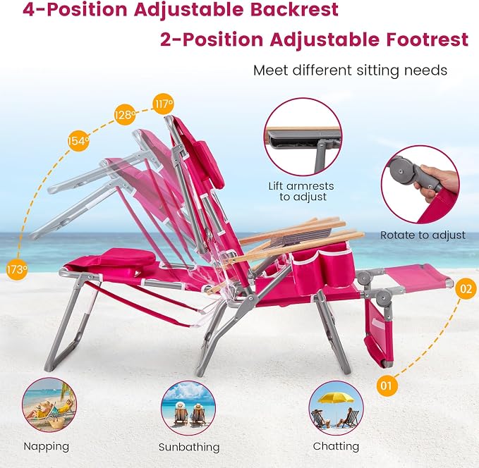 Goplus 3-in-1 Foldable Beach Chair, Lay-Flat Tanning Chair with Face and Arm Holes, Footrest, 330 lbs Heavy-Duty Portable Reclining Lounge Chairs for Outside, Camping, Patio, Poolside, Lawn (1,Red)