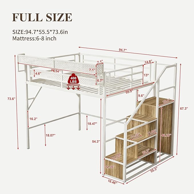 Full Size Metal Loft Bed with LED Lights and USB Charging Port, Storage Shelf, Reversible Storage Stairs with Wardrobe, Heavy Duty Noise-Free Design, Large Under Bed, No Box Spring Needed