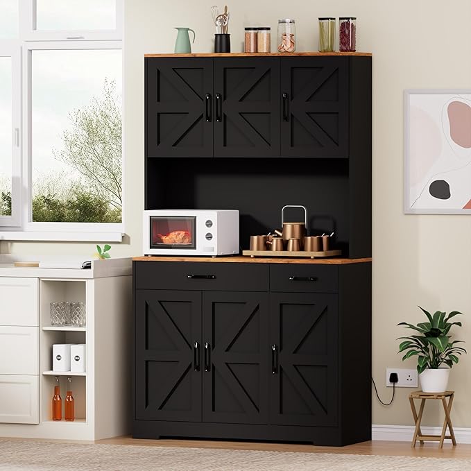 71" Kitchen Pantry Cabinet with Charging Station, Pantry Storage Cabinet Large Kitchen Hutch with Microwave Stand, Coffee Bar Station with Doors and Adjustable Shelves, Black and Brown