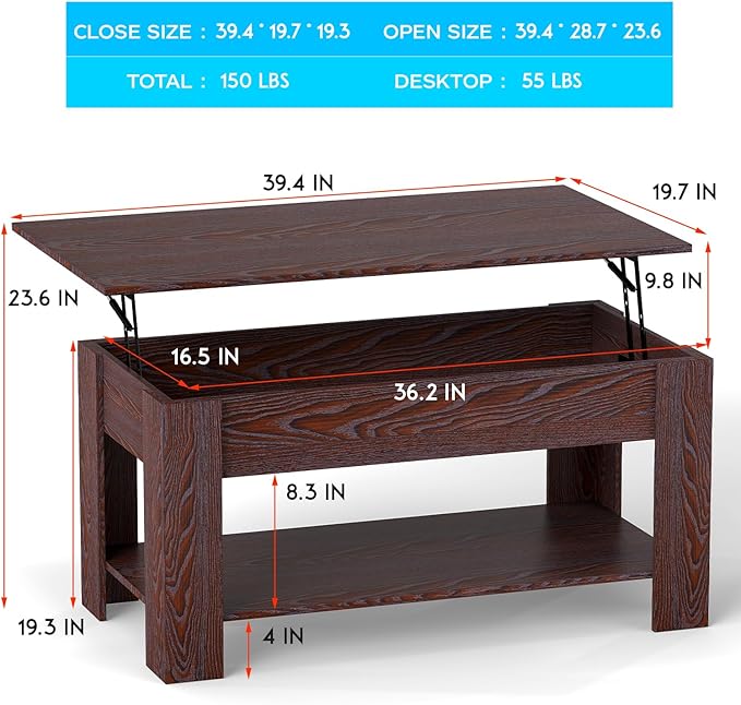 FDW 39 inch Lift Top Coffee Table with Hidden Storage Compartment & Lower Shelf,Coffee Table with Lift Top for Living Room,Home Small Space,Espresso