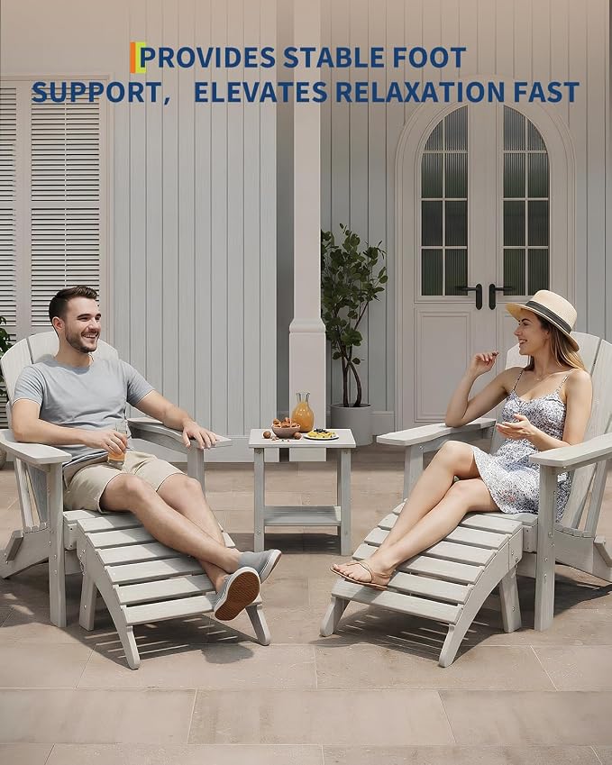 GarveeLife Folding Adirondack Ottoman Set of 2 for Adirondack Chair, HDPE All-Weather Footrest for in/Outdoor Patio Deck Backyard, White