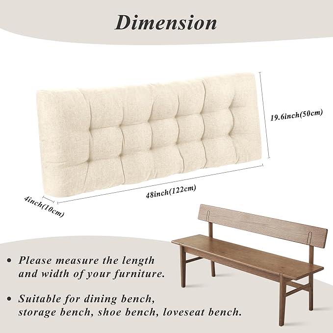 Bench Cushion for Indoor Furniture 48x19 inch Rectangle Bench Seat Cushion for Bay Window Entryway Bench Thick Textured Chair Cushion with Non-Slip Backing 2 Pack, Beige