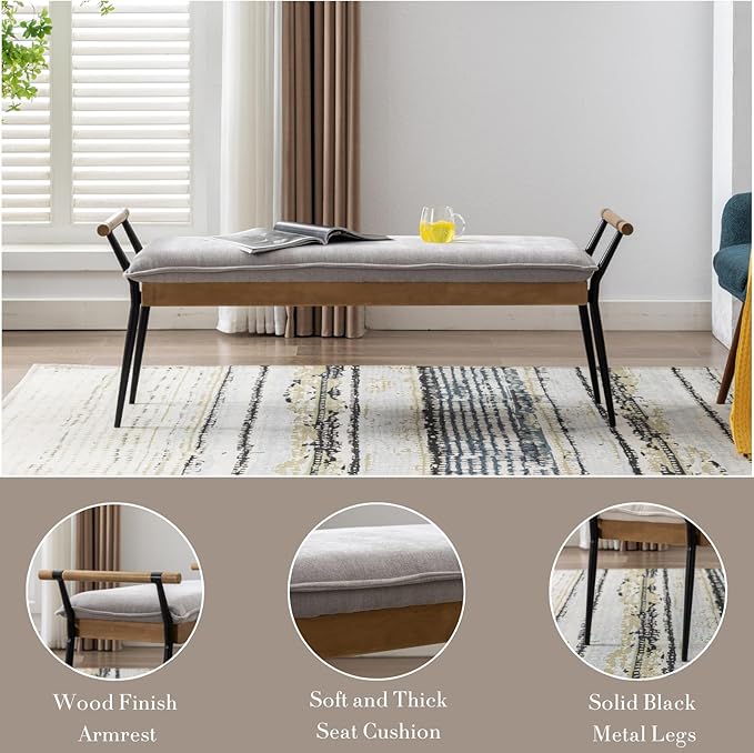 HEAH-YO Modern Dining Bench, 51 Inches Entryway Bench with Armrests, Upholstered Chenille Fabric End of Bench for Bedroom, Grey