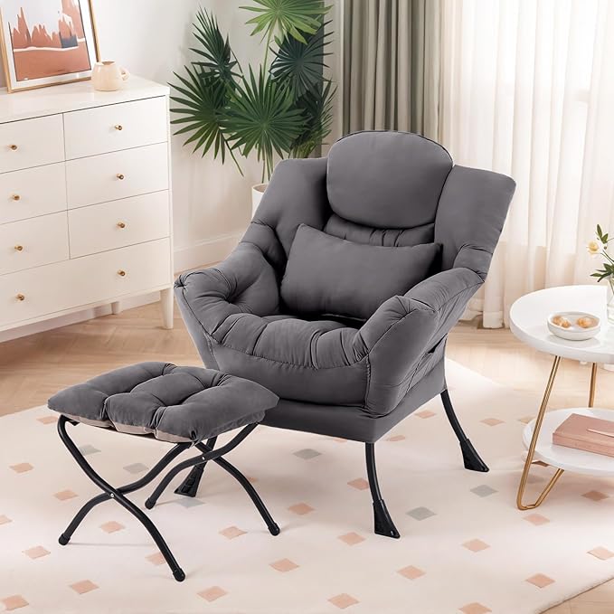 Furlide Lazy Chair with Ottoman, Comfy Fabric Accent Lounge Arm Chair with Lumbar Pillow and Folding Footrest, Reading Leisure Sofa Armchair for Bedroom, Living Room, Dorm,Dark Grey