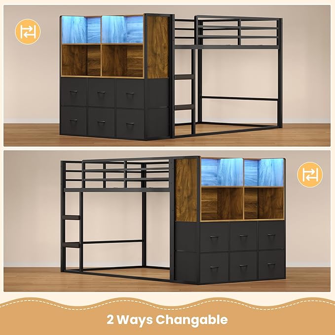 BTHFST Twin Over Twin Bunk Bed, Twin Bunk Beds with Storage & LED Lights, Metal Space Saving Low Bunk Bed with Safety Ladder and Guardrail