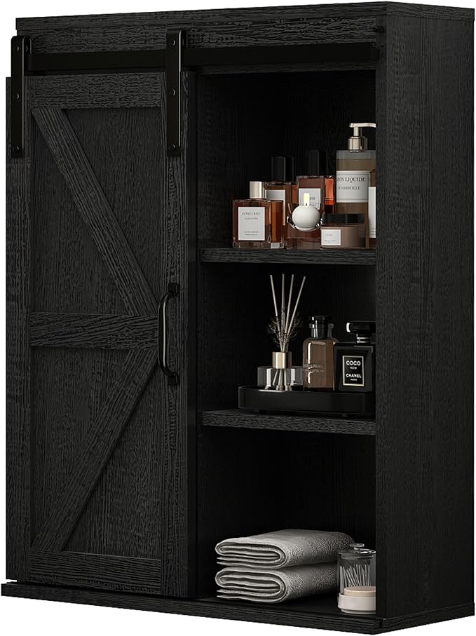 RUSTOWN Farmhouse Wood Wall Storage Bathroom Cabinet with Sliding Barn Door, Rustic Medicine Cabinet with Adjustable Shelf, 3-Tier Vintage Cabinets for Kitchen, Bathroom, Living Room (Black)