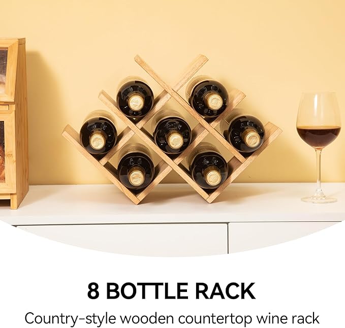 KIRIGEN Wooden 8-Bottle Wine Rack, 3-Tier Countertop Wine Bottle Holder for Cabinets, Bar Cart, Kitchen Counter, Pantry, Dining Room, Wood Stain, 16.73 x 5.91 x 11.14 in, XHJJ3-NA