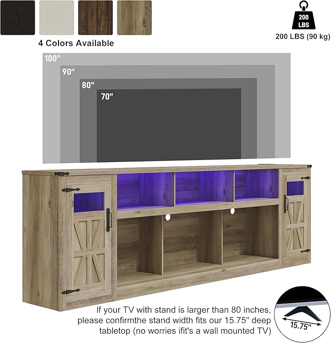 chartustriable Farmhouse TV Stand for 100 Inch TV,95" Entertainment Center w/LED Light,Large Media Console Cabinet w/Rustic Barn Doors,Power Outlets,Adjustable Shelves for Living Room,Grey