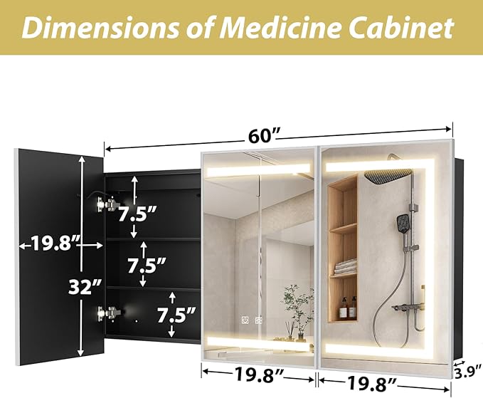 APRILSOUL 60x32 Inch Lighted Bathroom Medicine Cabinet with Mirror, Silver Recessed or Surface Mount Medicine Cabinet Mirror with Storage and LED Lights, 3 Colors Temperature, Dimmable Light