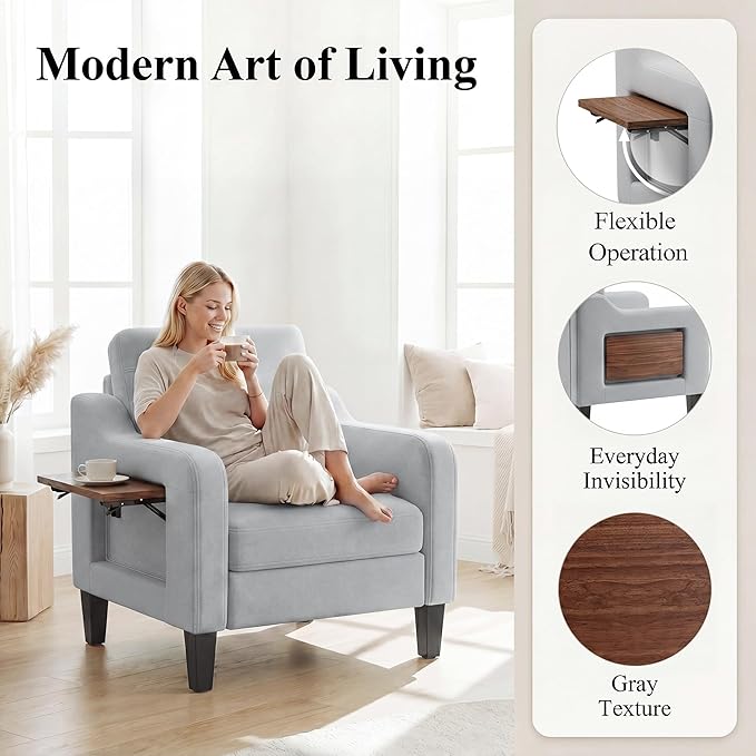 Accent Chairs Set of 2 for Living Room, Mid-Century Upholstered Armchair with Foldable Table & 2 Side Pockets, Modern Linen Wooden Sofa Chair for Bedroom & Reading Room, Light Grey