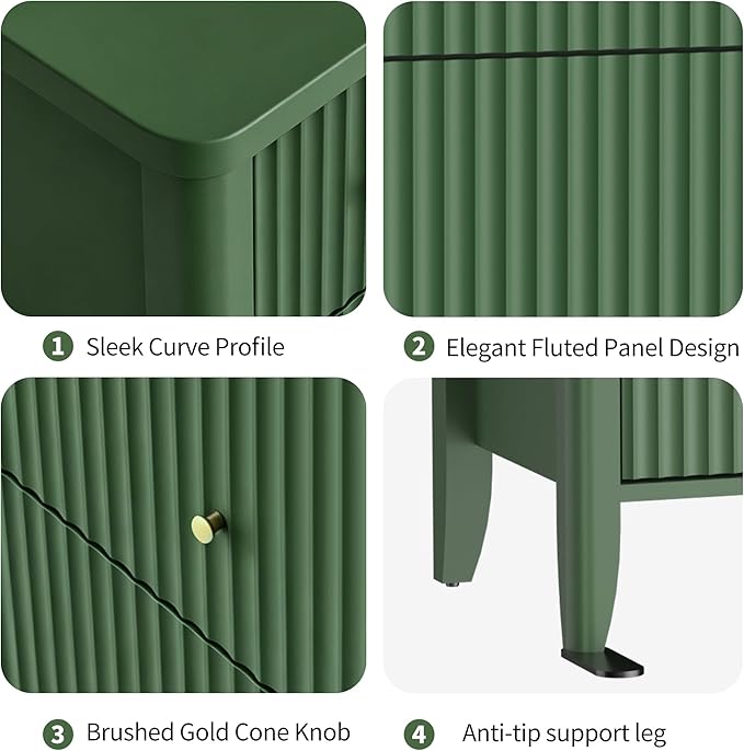 Fatmok Fluted 3 Drawer Dresser for Bedroom, 34" Wide Chest of Drawers, Modern Wood Nightstand End Table with Metal Handles, Striped Storage Cabinet for Living Room, Hallway, Entryway, Green