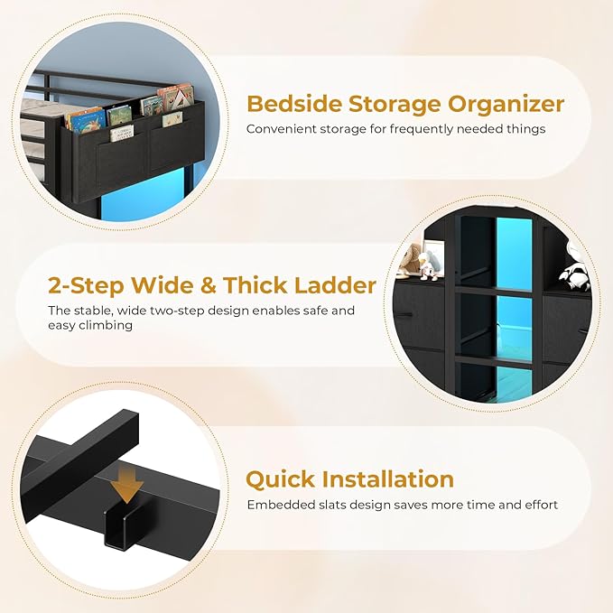 ADORNEVE Low Loft Bed Twin Size with 8 Storage Drawers, Twin Loft Bed with Bookcase and LED Lights, Metal Kids Loft Bed with 14" H Safety Guardrail, Under-Bed Play Space, No Box Spring Needed, Black