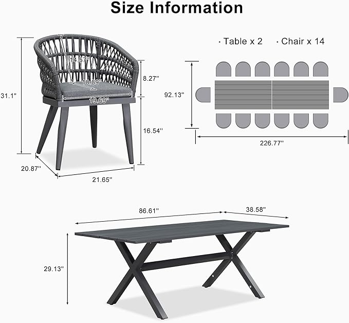 PURPLE LEAF 16 Pieces Outdoor Dining Set All-Weather PE Rattan Outdoor Patio Furniture Set with All Aluminum Frame Rectangular Table and Chairs Set for Lawn Garden Backyard Deck, Grey