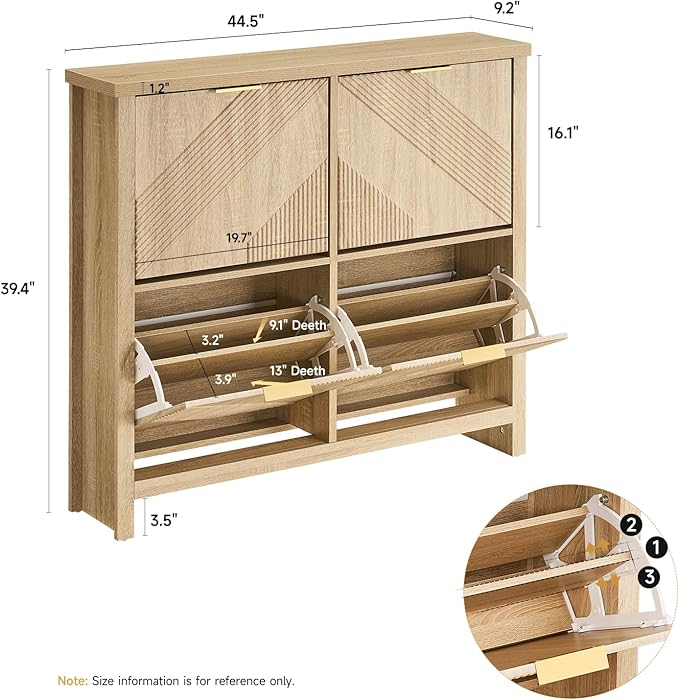 ONBRILL Shoe Cabinet with 4 Flip Drawers, 16-24 Pairs Shoe Organizer with Symmetric Groove Pattern, Freestanding Slim Hidden Shoe Storage Cabinet for Entryway, Hallway (Natural Oak)